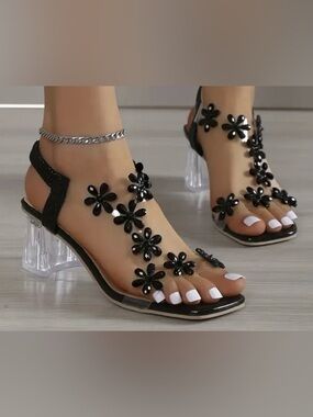 Women's Black Floral Clear-Strap Sandals with Elastic Heel